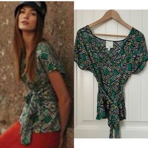 Anthropologie Green and Yellow Graphic Framework Faux Wrap Blouse by Odille. 8